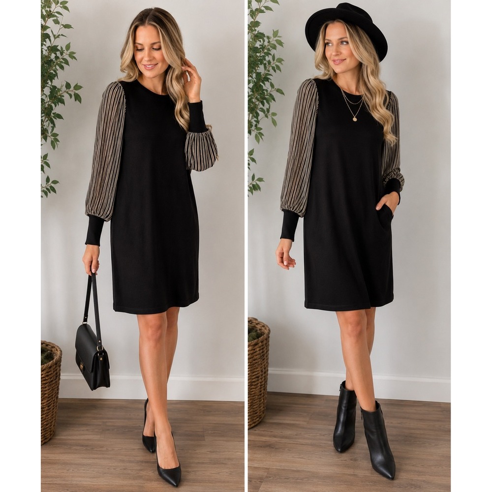 Calvin Klein Black Sweater Knit Dress Sheer Striped Balloon Sleeve Midi